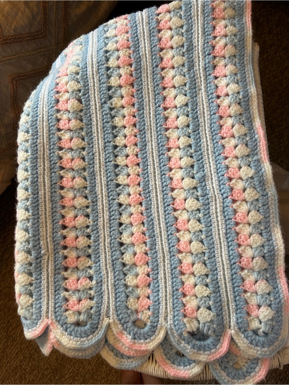 Handmade Crochet Baby Throw in Blue, Pink & Cream